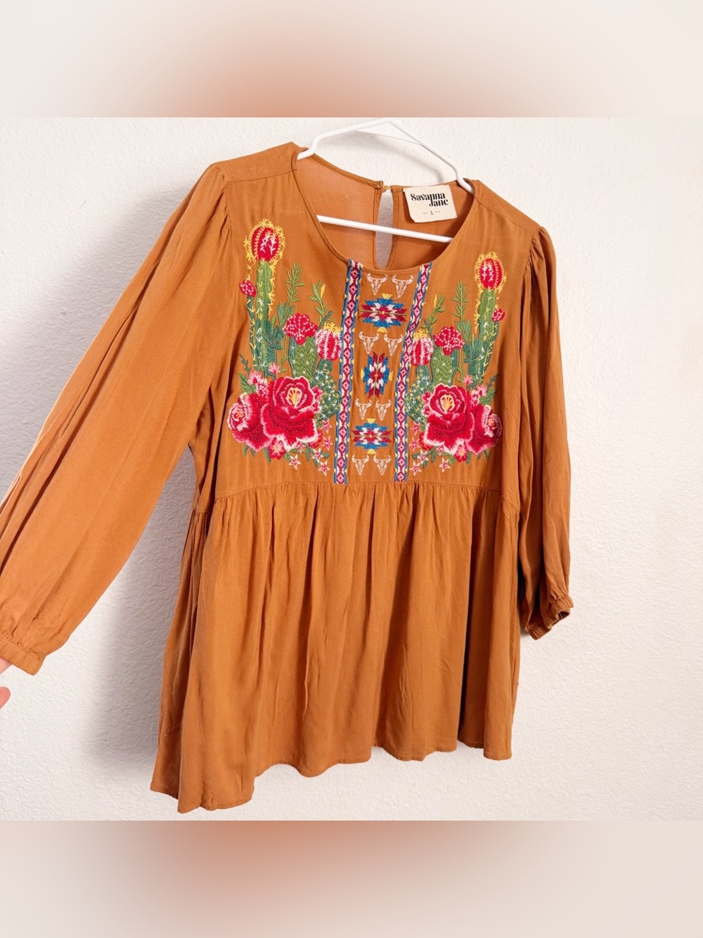 Savanna Jane | Mustard Floral,Cactus Embroidered Sleeveless Blouse, Size L